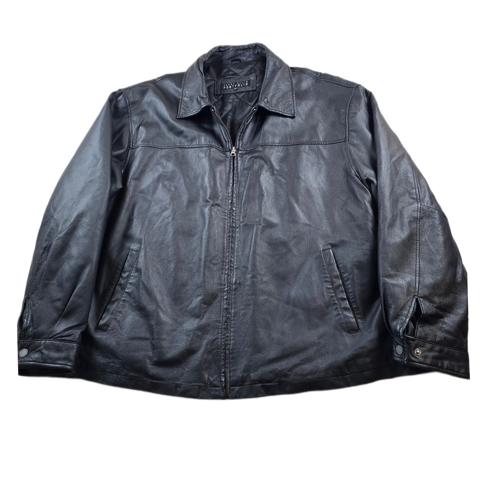 Perry Ellis Leather Bomber Jacket Mens 4XL Black Portfolio VTG Y2K 90's